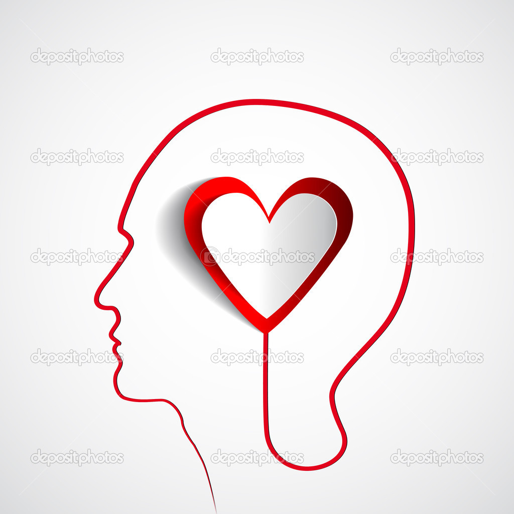 Лове голова. Силуэт сердца человека. Голова и сердце. Любовные знаки. Очертания человека с сердцем и мозгом.
